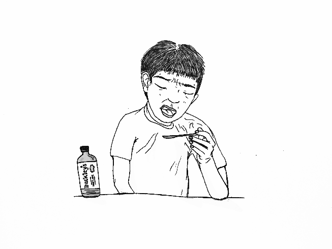 This is an illustration of someone taking cough syrup hesitantly.