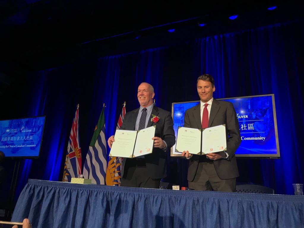 Premier Horgan and Mayor Robertson at the UNESCO World Heritage announcement for Chinatown