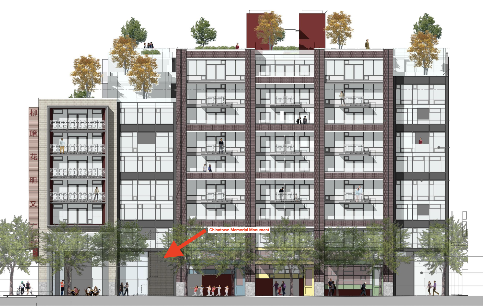 Proposed 105 Keefer elevation towering over the Chinatown Memorial Square & Chinatown Memorial Monument. Screenshot from Beedie Living's Application Documents, prepared by Merrick Architecture, available from the City of Vancouver. Annotated for clarity.