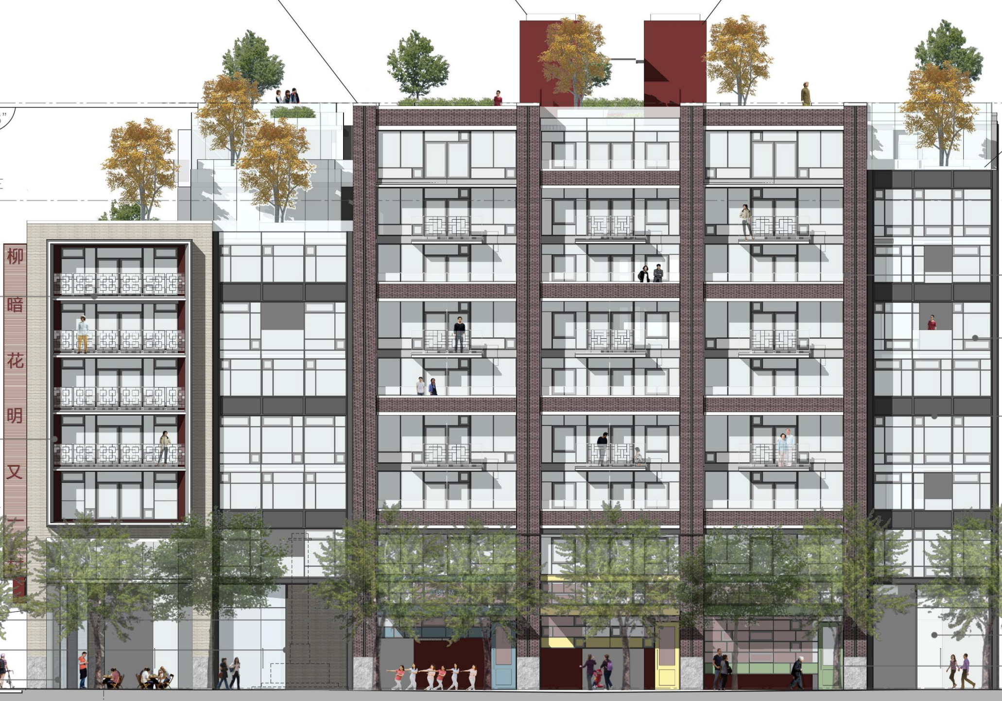 Proposed 105 Keefer elevation towering over the Chinatown Memorial Square & Chinatown Memorial Monument. Screenshot from Beedie Living's Application Documents, prepared by Merrick Architecture, available from the City of Vancouver.