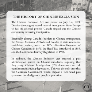 Slide with the text: " The History of Chinese Exclusion. The Chinese Exclusion Act was passed on July 1st, 1923. Despite encouraging record rates of immigration from Europe to fuel its colonial project, Canada singled out the Chinese community in barring immigration. Essentially closing Canada's borders to Chinese immigration, the Chinese Exclusion Act followed decades of state-sanctioned anti-Asian racism, such as BC's disenfranchisement of Chinese-Canadians in 1871, the Head Tax, introduced in 1885, and the Continuous Journey Regulation of 1908. In addition, the Chinese Exclusion Act imposed a pass identification system on Chinese-Canadians, requiring that they carry Chinese Immigration (CI) documents or risk punishment including deportation. This was the only time that the Canadian Government would impose a race-based pass system on non-Indigenous people at peacetime."