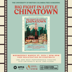 Image bordered with a film-reel pattern, with the text: "The University of British Columbia Free Screening: Big Fight in LIttle Chinatown. Wednesday, March 27, 2024 from 6pm-9pm, free registration on eventbrite. UBC AMS Nest Performance Theatre, 6133 University Boulevard, 2nd Floor." The logos of the co-organizers of the event, the UBC Alma Mater Society (AMS), Yarrow Intergenerational Society for Justice, and Chinatown Together, are included at the bottom.