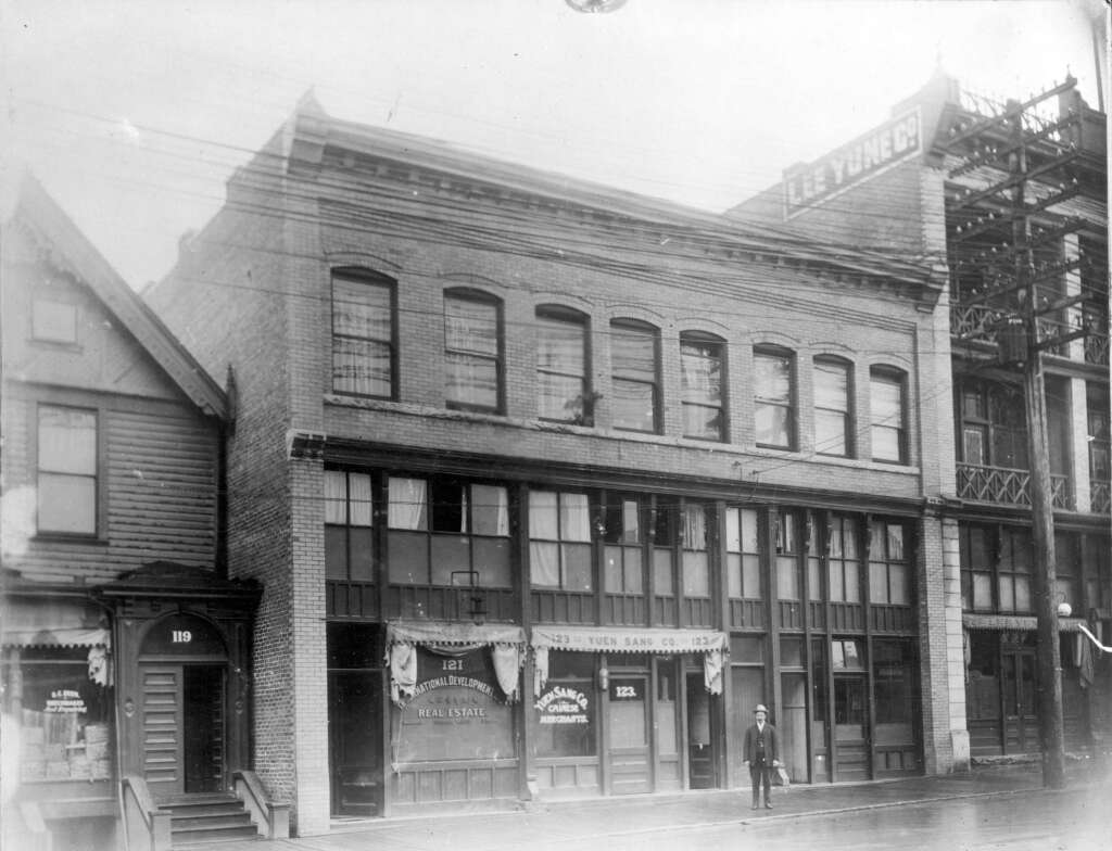 Photo of Mr. Francis J. Hamilton outside 121-125 East Pender Street in 1913. Photo Credit: J. S. Matthews. Image Source: Vancouver Archives AM54-S4-: Bu P717