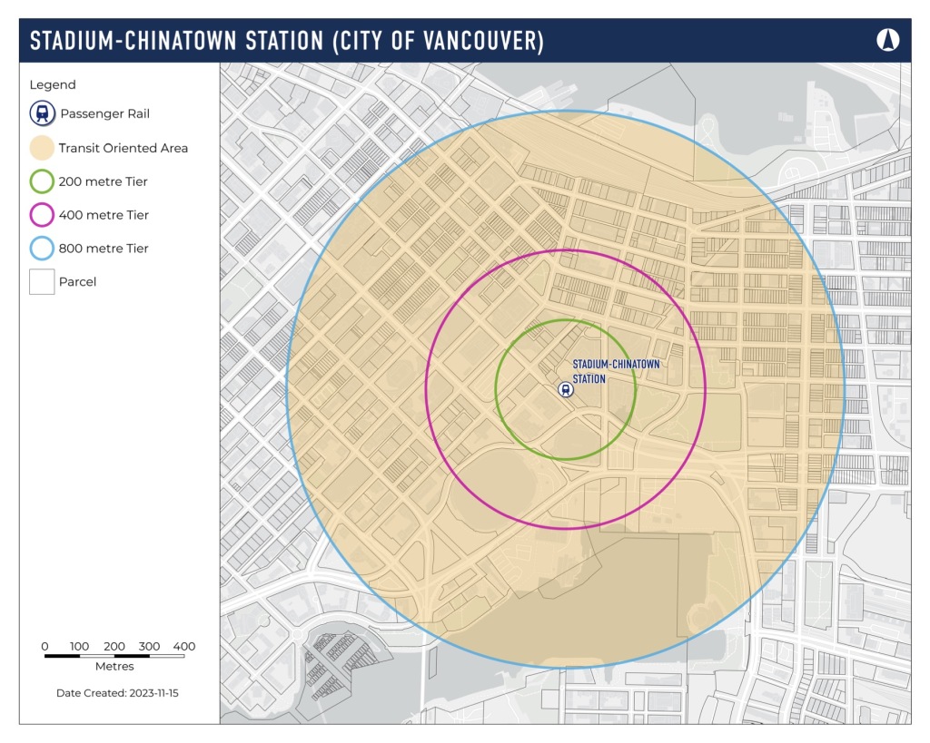Map of Chinatown showing concentric circles of 200m, 400m, and 800m radii surrounding the Stadium Chinatown Skytrain Station. The innermost circle has a radius of 200m and contains an area upzoned to 20 storeys, while the middle circle has a radius of 400m and contains an area upzoned to 12 storeys, and the outermost circle, with a radius of 800m, encompasses the area upzoned to 8 storeys.