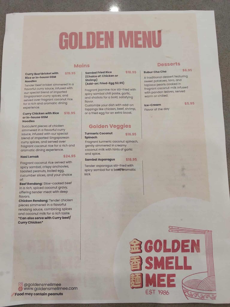 Picture of Golden Smell Mee menu during April 2025 soft opening.