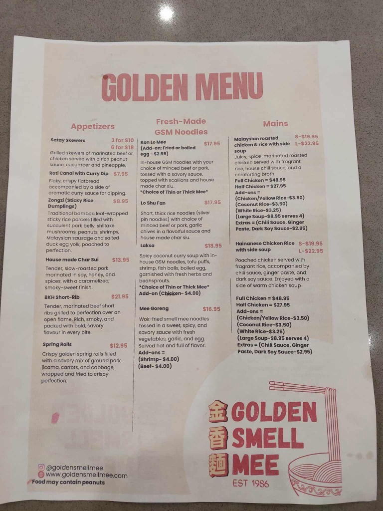 Picture of Golden Smell Mee menu during April 2025 soft opening.