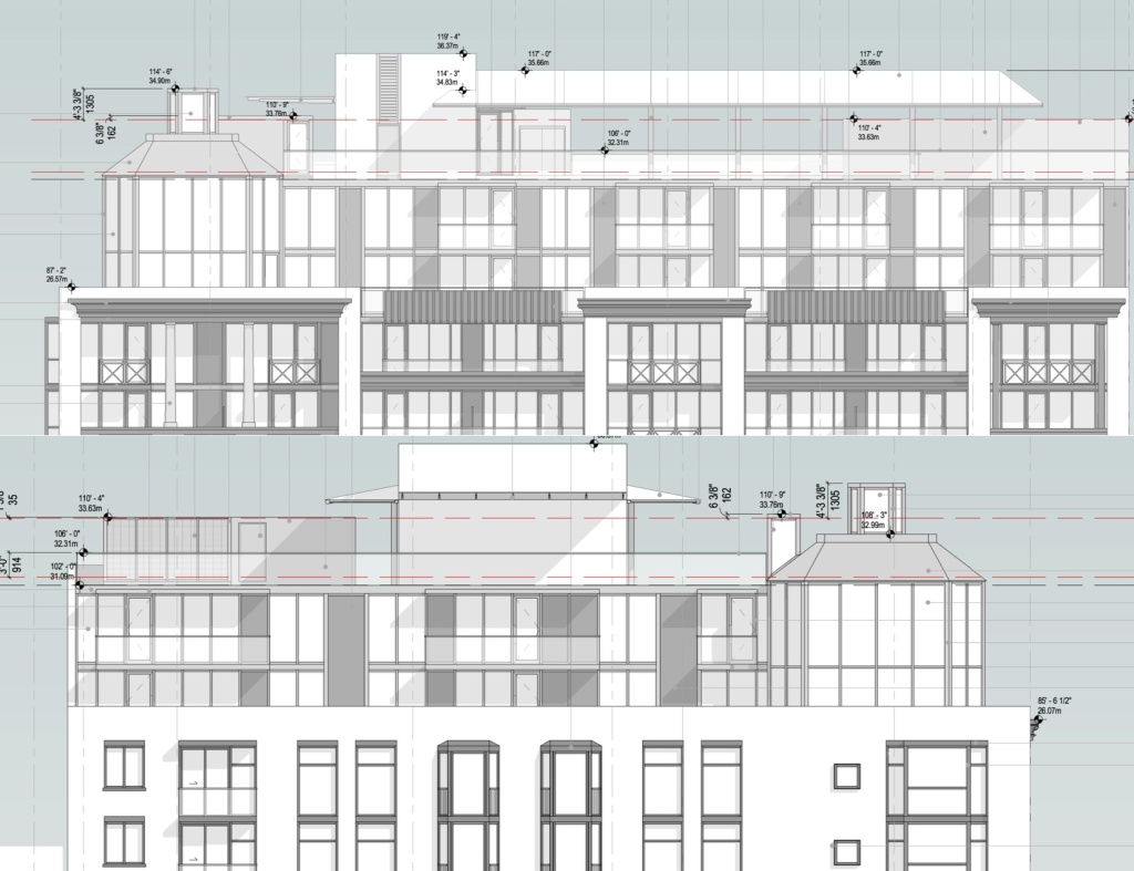 Excerpt of the elevations for the new 105 Keefer (570 Columbia) proposal showing the uniform rooflines on the Keefer (top) and Columbia (bottom) Street frontages. Image Credit: James KM Cheng Architects. Image Source: "Elevations"