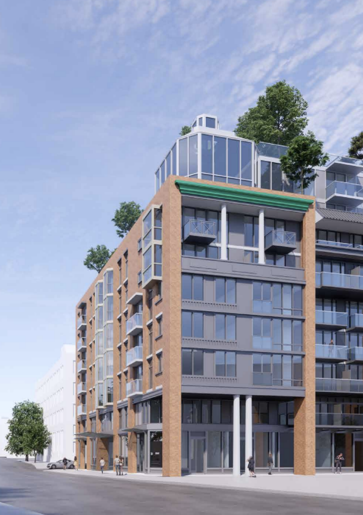 Rendering of the southwest corner of the new 105 Keefer (570 Columbia) proposal. Note the protruding features on the Columbia Street frontage that disrupt the logic of the brick facade and encroach on the public realm. Image Credit: James KM Cheng Architects. Image Source: 570 Columbia (previously known as 105 Keefer) Open House Presentation.