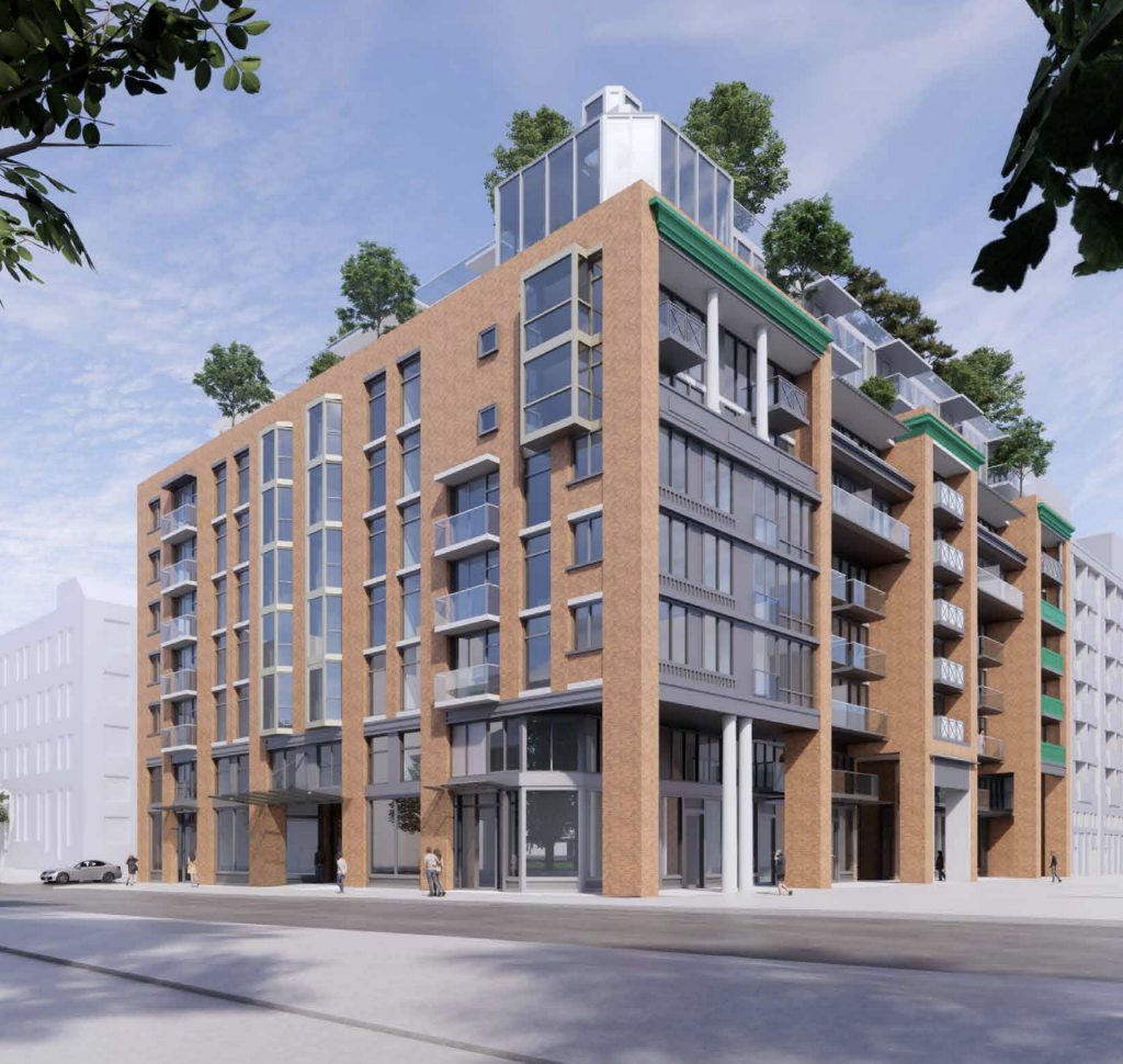 Rendering of the southwest corner of the new 105 Keefer (570 Columbia) proposal. Image Credit: James KM Cheng Architects. Image Source: 570 Columbia (previously known as 105 Keefer) Open House Presentation.