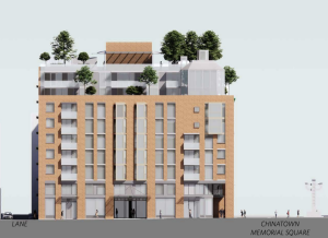 Elevation rendering of the Columbia Street frontage of the new 105 Keefer (570 Columbia) proposal. Image Credit: James KM Cheng Architects. Image Source: 570 Columbia (previously known as 105 Keefer) Open House Presentation.