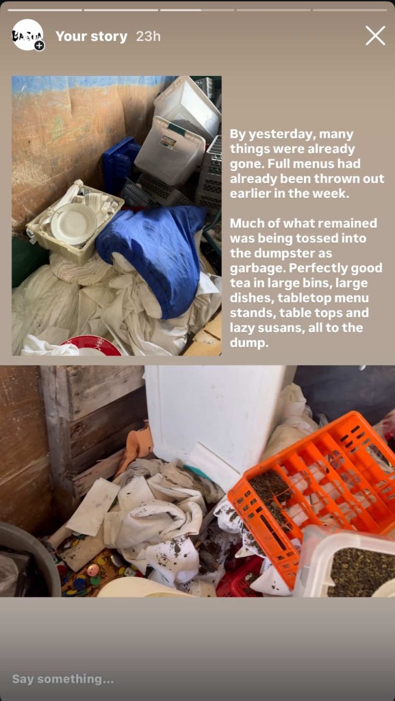 Tables, dishes, tea, and other items from Floata restaurant discarded in a dumpster. Photo Source: Bagua Artist Association.