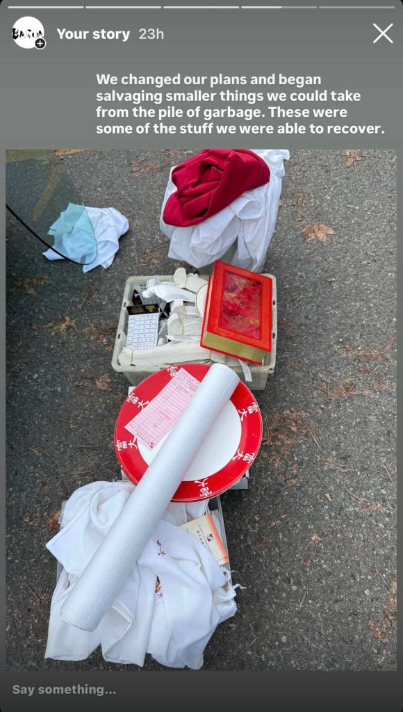 Dishes, napkins, tablecloths and other items retrieved by Bagua Artist Association from Floata after closure. Photo Credit: Bagua Artist Association.