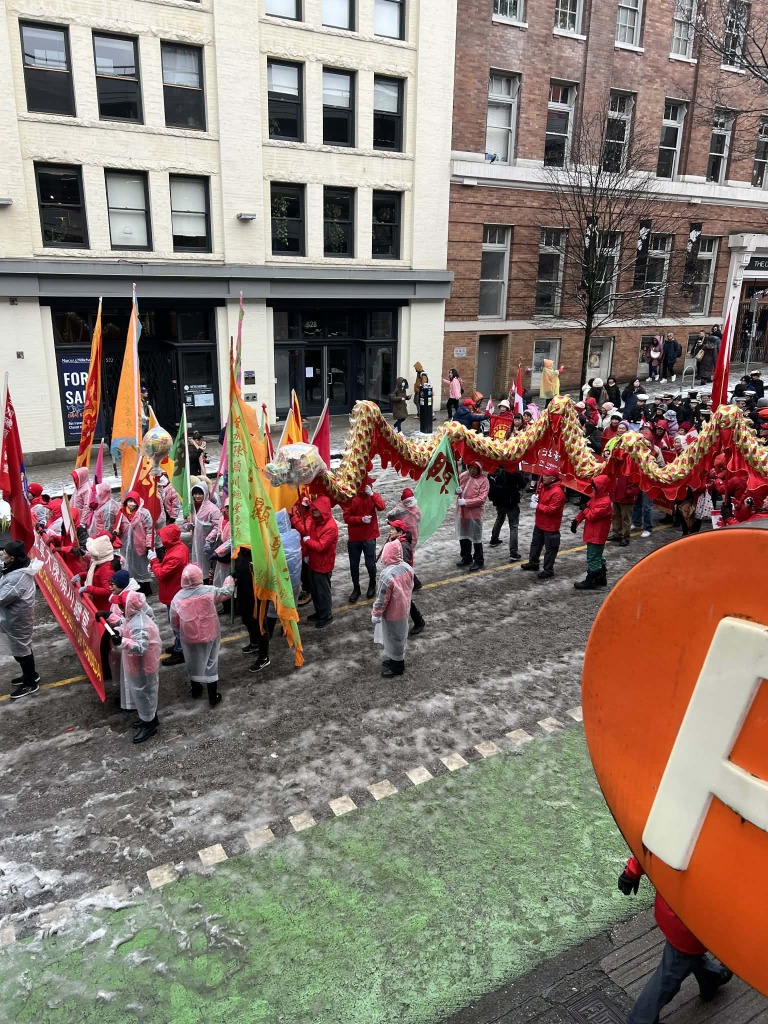 A group of people dressed mostly in red, holding flags and banners on a snowy street, bounded by a green bike lane with an orange parking sign in teh foreground and white and red brick buildings in the background. Approximately 10 of these people are holding a golden dragon for dragon dancing.